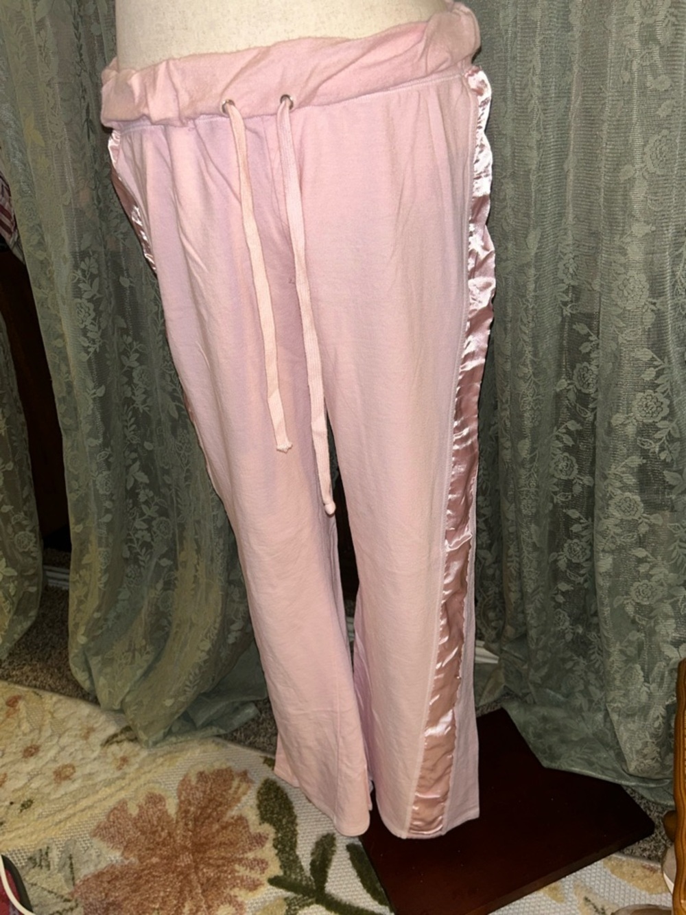 100% Linen and CottonY2K Light Baby Pink Satin-Trim Wide Leg Lounge Pant